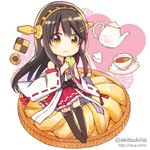  akitsuki_ria apple biscuit black_hair boots chibi cup detached_sleeves eyebrows_visible_through_hair food fruit hair_ornament hairband hairclip haruna_(kantai_collection) holding holding_food holding_fruit kantai_collection kettle long_hair looking_at_viewer lowres nontraditional_miko pie pleated_skirt red_skirt skirt smile solo tea teacup thigh_boots thighhighs twitter_username watermark web_address 