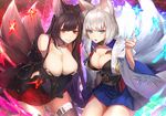  akagi_(azur_lane) akaitera animal_ears azur_lane bangs banned_artist bare_shoulders black_gloves black_legwear blue_eyes blue_skirt blunt_bangs breasts brown_hair cleavage collar collarbone commentary_request cowboy_shot detached_sleeves electricity eyebrows_visible_through_hair fire fox_ears fox_girl fox_tail gloves japanese_clothes kaga_(azur_lane) kimono kitsune large_breasts leaning_forward long_hair long_sleeves looking_at_viewer multiple_girls multiple_tails obi open_clothes open_kimono parted_lips partly_fingerless_gloves red_eyes red_skirt ribbon_trim sash short_hair signature silver_hair skirt smile standing tail thighhighs thighs underbust very_long_hair white_kimono wide_sleeves zettai_ryouiki 