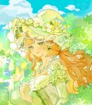  1girl absurdres argyle_clothes argyle_dress bare_shoulders bead_bracelet bead_necklace beads blue_flower blue_sky bow bracelet brown_hair bug bush butterfly butterfly_hat_ornament center_frills chinese_commentary closed_mouth cloud collarbone commentary_request day dress earrings eyelashes eyeshadow fence fingernails fishnets flower flower_earrings flower_ring frilled_dress frilled_headwear frills garden gem green_bow green_dress green_eyes green_eyeshadow green_flower green_gemstone green_hat hair_flower hair_ornament hair_tie hand_on_own_chest happy hat hat_flower hat_ornament highres infinity_nikki jewelry layered_sleeves leaf light_blush lipstick long_hair long_sleeves low_twintails makeup necklace nikki_(series) off-shoulder_dress off_shoulder outdoors pink_lips pointy_nose rainfall_&amp;_blossoms_(infinity_nikki) rose short_over_long_sleeves short_sleeves sky sleeve_bow smile solo swept_bangs twintails upper_body wavy_hair white_flower white_rose witch witch_hat yellow_butterfly yellow_flower yoyan 