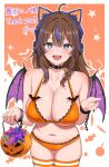  1girl ahoge animal_ear_headphones animal_ears armpit_crease bare_shoulders basket bat_wings belt_buckle bikini black_choker blue_hair braid breasts brown_hair buckle candy cat_ear_headphones cat_ears chain choker cleavage collarbone commentary_request commission cowboy_shot cuffs fake_animal_ears food grey_eyes halloween_bucket halterneck handcuffs headphones highres holding holding_basket lace-trimmed_bikini lace_trim large_breasts long_hair looking_at_viewer multicolored_hair navel open_mouth orange_bikini original skeb_commission skindentation smile solo stomach streaked_hair string_bikini striped_clothes striped_thighhighs surippa1010 swimsuit thigh_gap thighhighs thighs vrchat wings 