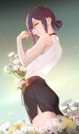  1girl black_choker black_shorts chainsaw_man choker commentary_request field flower flower_field hair_bun holding holding_flower purple_hair reze_(chainsaw_man) shirt shirt_tucked_in shorts sleeveless sleeveless_shirt smelling smelling_flower solo tenshin_kagehisa white_flower white_shirt 