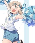  ;d aki_(girls_und_panzer) armpit_peek bad_id bad_pixiv_id blonde_hair blue_footwear blue_hairband blue_shorts blurry blush breasts cheerleader cowboy_shot depth_of_field emblem finnish_flag flag_background from_behind girls_und_panzer green_eyes gym_uniform hairband holding keizoku_(emblem) looking_back low_twintails one_eye_closed open_mouth outstretched_arms pairan pom_poms shirt shoes short_hair shorts small_breasts smile solo sweat tareme twintails twisted_torso two-tone_background white_shirt 