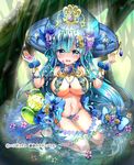  blue_eyes blue_hair breasts cleavage earrings flower jewelry large_breasts long_hair navel official_art smile solo teltelhousi tiara unmei_no_clan_battle very_long_hair 