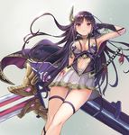  aoyuki black_gloves breasts cape gloves hair_ornament hairclip highres katana long_hair looking_at_viewer medium_breasts navel purple_cape purple_eyes purple_hair sennen_sensou_aigis sheath sheathed skirt solo standing sword tenma_(sennen_sensou_aigis) weapon white_skirt 