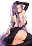  arm_up ass backless_dress backless_outfit bad_id bad_pixiv_id bare_back black_gloves black_legwear breasts chiro dress elbow_gloves fate/stay_night fate_(series) glasses gloves halterneck long_hair looking_at_viewer looking_back medium_breasts meme_attire naked_sweater purple_hair rider rimless_eyewear sideboob solo square_pupils sweater sweater_dress thighhighs turtleneck turtleneck_sweater very_long_hair virgin_killer_sweater 