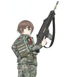  1girl ass assault_rifle belt brown_hair camouflage from_behind fx-05_xiuhcoatl green_eyes gun highres holding holding_gun holding_weapon looking_at_viewer looking_back mexican_army mexican_flag mexico military_combat_uniform military_uniform mx_waifus original rifle simple_background smile solo weapon white_background 