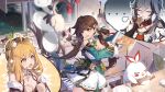  +_+ 3girls absurdres ahoge black_gloves blonde_hair breasts brown_hair caisena cat china_dress chinese_clothes double_bun dress fingerless_gloves floating_hair food fu_hua fu_hua_(crane_of_taixuan) fu_hua_(fenghuang_of_vicissitude) gloves hair_bun highres honkai_(series) honkai_impact_3rd jingwei_(bird) li_sushang li_sushang_(peregrine_sword) long_hair multiple_girls official_art open_mouth second-party_source smile susannah_manatt susannah_manatt_(bear_squad_go!) susannah_manatt_(valkyrie_quicksand) twintails 