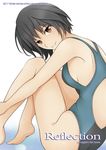  2017 amagami bangs bare_arms bare_legs bare_shoulders barefoot black_hair blue_swimsuit blush breasts closed_mouth competition_swimsuit copyright_name eyebrows_visible_through_hair from_side kishida-shiki knees_up lips looking_at_viewer looking_to_the_side nanasaki_ai one-piece_swimsuit red_eyes short_hair sideboob simple_background sitting small_breasts solo swimsuit thighs tsurime white_background 