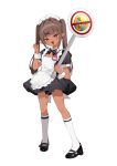  1girl absurdres apron black_dress brown_hair chiimanju dark_skin dress flat_chest frilled_apron frilled_dress frills full_body green_eyes hair_ornament hairpin highres holding holding_sign kneehighs long_hair maid maid_apron maid_headdress mary_janes meme no_symbol nyoko_(chiimanju) open_mouth original puffy_short_sleeves puffy_sleeves ribbon shoes short_sleeves sign simple_background socks solo tan twintails uohhhhhhhhh!_(meme) waist_apron white_apron white_background wrist_cuffs 