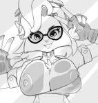  2019 5_fingers anthro big_breasts breasts canine chest_tuft choker clothing digital_media_(artwork) exposed_breasts eyewear female fingerless_gloves fox glasses gloves grin hair hi_res large_areolas looking_at_viewer mammal midriff monochrome nipple_slip nipples one_breast_out paladins pepper_(paladins) saran-rape smile solo tuft v_sign 
