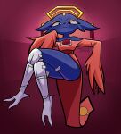 absurd_res alien black_body black_fur clothed clothing crossed_legs dreamknightjang dress ear_piercing eyebrows eyeshadow felid feline female floppy_ears forehead_gem fur gem goumang_(nine_sols) hi_res jewelry long_ears looking_at_viewer looking_down looking_down_at_viewer makeup mammal nine_sols piercing prosthetic prosthetic_leg prosthetic_limb red_background red_candle_games red_clothing red_dress red_eyeshadow signature simple_background sitting solarian solo thick_thighs winged_arms wings