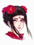  bangs black_hair blue_eyes braid closed_mouth commentary_request eyelashes facial_mark flower forehead_mark fuwaffy grey_background hair_flower hair_ornament lips looking_at_viewer mu_dan original peony_(flower) portrait red_flower simple_background solo tattoo 