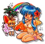  2girls :t ahoge animal animal_on_head barefoot bikini blonde_hair blue_eyes blue_flower breasts celia_hasselberg chibi chibi_only cleavage coconut coconut_tree commentary crime_crackers double_bun eating enkuu_(crime_crackers) fang feet floral_print floral_print_bikini flower flower_anklet flower_necklace food hair_bun hair_flower hair_ornament hibiscus highres holding holding_food inflatable_toy kokomahi long_sidelocks looking_at_viewer medium_breasts monkey multiple_girls on_head orange_bikini palm_tree paw_print pink_flower pink_petals pointy_ears print_bikini rainbow red_eyes red_flower sandals shirt short_hair side-tie_bikini_bottom sidelocks sitting standing star_(symbol) star_in_eye summer surfboard swimsuit symbol_in_eye thighs tree wariza wendy_wilkinson white_shirt wing_covers wings 