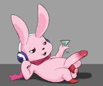  alcohol balls beverage big_penis clothing cocktail cutemon digimon erection headphones holding_object humanoid_penis hyper lagomorph long_ears male mammal martini nivy_(artist) open_mouth penis rabbit scarf simple_background solo 