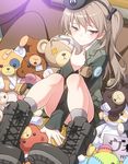  bad_id bad_pixiv_id bandages beret boko_(girls_und_panzer) boots emblem girls_und_panzer hair_ribbon hat holding holding_stuffed_animal japanese_tankery_league_(emblem) light_brown_hair pairan ribbon selection_university_(emblem) selection_university_military_uniform shimada_arisu stuffed_animal stuffed_toy teddy_bear 