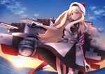  banned_artist belt beret blonde_hair blue_eyes breasts cannon dress gloves hair_between_eyes hat itsuwa_(continue) kantai_collection long_hair machinery medium_breasts mole mole_under_eye mole_under_mouth multicolored multicolored_clothes multicolored_scarf open_mouth richelieu_(kantai_collection) rigging scarf smile solo strapless strapless_dress turret 