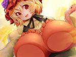  aki_minoriko blonde_hair breasts commentary_request eyebrows_visible_through_hair food fruit grapes hat huge_breasts looking_at_viewer mob_cap open_mouth red_eyes short_hair solo sweatdrop touhou umigarasu_(kitsune1963) 