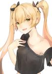  :d absurdres arm_up armpit_peek armpits bare_shoulders black_shirt blonde_hair blush breasts commentary english_commentary eyebrows_visible_through_hair green_eyes hair_ribbon hand_on_own_chest highres looking_at_viewer medium_breasts off_shoulder open_mouth original ribbon shirt simple_background smile solo tareme teeth twintails upper_body upper_teeth white_background xhunzei 