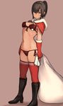  bikini black_hair blush boots breasts brown_eyes capelet christmas cleavage dark_skin gloves high_heels looking_at_viewer medium_breasts navel original pepe_(jonasan) ponytail red_bikini red_gloves red_legwear sack solo swimsuit thighhighs 