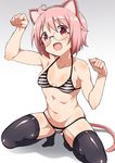  animal_ears arm_up bad_id bad_pixiv_id bangs bikini black_legwear blush breasts cat_ears cat_tail collarbone eyebrows_visible_through_hair fake_animal_ears glasses gradient gradient_background hand_up kounosu_satori looking_at_viewer navel no_shoes nonohara_yuzuko open_mouth paw_pose pink_eyes pink_hair rimless_eyewear shadow short_hair simple_background small_breasts solo squatting striped striped_bikini swimsuit tail thighhighs yuyushiki 