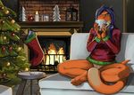  2017 anthro bottomless breasts christmas christmas_tree clothed clothing cup detailed_background digital_media_(artwork) dragon drinking female fingerprint_(artist) hair holidays horn no_underwear pussy scalie solo sweater tree 