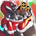  big_breasts breast_grab breast_squeeze breasts christmas duo female giratina hair hand_on_breast holidays huge_breasts huge_hips legendary_pok&eacute;mon looking_at_viewer nintendo nipples nythe platinumeggs pok&eacute;mon pok&eacute;mon_(species) video_games wide_hips zoroark 