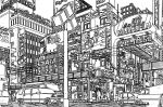  absurdly_detailed_composition absurdres building car commentary_request complex_exterior greyscale highres lineart monochrome motor_vehicle original outdoors pen_(medium) people power_lines road scenery sign street traditional_media traffic_light translation_request urban utility_pole yamaguti 
