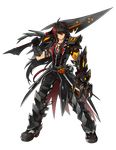  armor artist_request belt black_gloves black_hair black_pants black_shirt claws closed_mouth elsword full_body gloves highres holding holding_sword holding_weapon jewelry long_hair looking_at_viewer male_focus mechanical_arm multicolored_hair necklace official_art orange_eyes over_shoulder pants raven_(elsword) red_hair serious shirt shoes solo standing streaked_hair sword transparent_background two-tone_hair veteran_commander_(elsword) weapon 