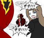  1boy 1girl 1other ascot black_coat black_suit blue_eyes brown_hair cassetti_(project_moon) check_translation clock coat commentary_request dante_(limbus_company) fire korean_commentary korean_text limbus_company long_hair mask masquerade_mask mole mole_under_eye object_head project_moon quka404 red_coat red_eyes rodion_(project_moon) short_hair simple_background speech_bubble suit sweatdrop translation_request white_ascot white_background 