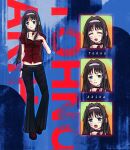  1girl alternate_costume anger_vein bell-bottoms belt black_choker black_hair black_pants blue_eyes blush bracelet casual character_name choker closed_eyes collarbone english_commentary frilled_shirt frilled_sleeves frills full_body hair_intakes hairband hand_on_own_chest highres jewelry long_hair looking_to_the_side multiple_expressions open_mouth pants purplerider red_shirt red_shoes shirt shoes short_sleeves smile solo standing tohno_akiha tsukihime white_hairband 