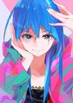  blue_hair bright_pupils closed_mouth colorful commentary_request eyebrows_visible_through_hair eyes green_eyes hair_between_eyes hands_up highres hood hood_down hoodie kobuta long_hair long_sleeves looking_at_viewer original smile solo upper_body 