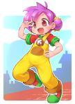  1girl :d brown_eyes child commentary_request double_bun full_body green_shirt green_shoes hair_bun hand_on_own_hip hand_up highres milano_(milanos_odd_job_collection) milanos_odd_job_collection multicolored_shirt multicolored_shoes open_mouth outline overalls purple_hair red_shirt red_shoes sakurabe_notos shirt shoes short_hair short_sleeves smile sneakers solo two-tone_shoes v v_over_eye white_outline white_shirt yellow_overalls 