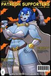  anthro armor bear213 bikini_armor blue_body blue_hair breasts claric cloak clothing cover female generation_5_pokemon hair half-length_portrait hammer hi_res magazine_cover minatsu_(boredomtool) nintendo oshawott pokemon pokemon_(species) portrait short_hair thick_thighs tools unconvincing_armor warhammer white_body 