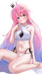  1girl absurdres bikini breasts commentary_request crown gradient_hair green_eyes heterochromia highres himemori_luna hololive kaze_22 korean_commentary long_hair looking_at_viewer medium_breasts multicolored_hair navel pink_hair purple_eyes solo swimsuit virtual_youtuber 