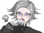  1boy aotsuki_eito black_jacket blood blood_on_face blood_on_gloves chibi chibi_inset covering_own_mouth eyeliner gakuran glasses gloves grey_hair jacket last_defense_academy_school_uniform looking_at_viewer makeup male_focus nosebleed portrait purple_eyes red_eyeliner school_uniform short_hair simple_background suishui33 the_hundred_line_-last_defense_academy- white_background white_gloves 