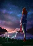  ambiguous_gender canine clothed clothing craftea detailed_background dog duo female flower fully_clothed ghost hair holding_leash holding_object human jeans lake leash mammal night outside pants plant red_hair sad sky spirit standing star starry_sky sweater water 