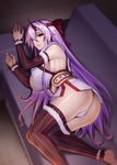 ass breasts couch detached_sleeves fate/grand_order fate_(series) headband horns huge_breasts jonylaser long_hair lying on_side purple_hair red_eyes sideboob solo thighhighs tomoe_gozen_(fate/grand_order) 