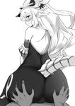  absurdres ass ass_grab bare_shoulders blush cameltoe closed_mouth deep_skin fang_out from_behind granblue_fantasy greyscale hair_between_eyes highres lo_xueming long_hair looking_back medusa_(shingeki_no_bahamut) monochrome nose_blush pointy_ears profile shingeki_no_bahamut sitting solo_focus tail v-shaped_eyebrows very_long_hair white_background 