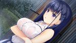  asami_asami blue_hair bra breast_hold breasts fujisaki_haruka game_cg hibiki_works long_hair natural_vacation purple_eyes rain underwear water wet 