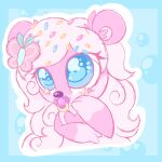 1:1 accessory anthro blue_eyes bow_ribbon faelullaby fur hair_accessory katiepup male mammal mustelid object_in_mouth otter pacifier pacifier_in_mouth pink_body pink_fur river_otter solo sprinkles sprinkles_in_hair