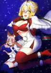  absurdres ahoge alternate_costume bad_id bad_pixiv_id bell blonde_hair blue_bikini_top blue_gloves blue_legwear breasts christmas closed_eyes commentary_request cosplay elbow_gloves fate/extra fate/grand_order fate_(series) fur_trim gloves green_eyes green_ribbon hair_intakes headpiece highres jeanne_d'arc_(fate)_(all) jeanne_d'arc_alter_santa_lily jeanne_d'arc_alter_santa_lily_(cosplay) jingle_bell large_breasts looking_at_viewer multiple_girls nero_claudius_(fate) nero_claudius_(fate)_(all) night one_eye_closed pink_hair red_bikini_top red_gloves red_legwear ribbon santa_costume snow snowing tamamo_(fate)_(all) tamamo_no_mae_(fate) thighhighs yayoimaka03 