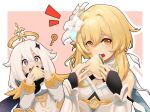  2girls ? absurdres blonde_hair dress eating feather_hair_ornament feathers flower food hair_between_eyes hair_flower hair_ornament halo highres holding holding_food holding_sandwich long_hair looking_at_viewer lumine_(genshin_impact) multiple_girls open_mouth paimon_(genshin_impact) romper sandwich short_hair_with_long_locks white_flower white_hair white_romper 