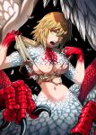  1girl black_background blonde_hair blood blood_from_mouth blood_on_body blood_on_chest blood_on_hands body_fur breasts centauroid chimera commentary cowboy_shot dungeon_meshi falin_touden falin_touden_(chimera) falling_feathers fangs feathered_wings feathers hair_between_eyes highres large_breasts looking_at_viewer monster_girl navel open_mouth red_scales shinbross shirt short_hair sidelocks signature simple_background slit_throat solo stomach talons taur tearing_clothes teeth torn_clothes underboob white_feathers wings yellow_eyes 