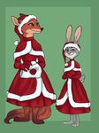  2017 anthro armwear barefoot canine christmas clothing costume disney dress duo elbow_gloves fan_character female fox gloves green_background green_eyes hat holidays inner_ear_fluff judy_hopps lagomorph looking_at_viewer mammal patricia_wilde purple_eyes rabbit santa_costume santa_hat simple_background size_difference smile yelnatsdraws zootopia 