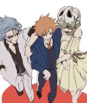  1girl 2boys bare_shoulders black_pants black_shirt black_shoes black_vest bleach blue_eyes blue_hair blue_jacket breasts brown_eyes cleavage collared_shirt detached_sleeves dress facial_mark from_above furrowed_brow green_hair grey_jacket grey_pants grey_suit grimmjow_jaegerjaquez hair_between_eyes hair_over_shoulder half_mask highres holding_another's_arm jacket kurosaki_ichigo leaning_on_person mask medium_breasts multiple_boys n_ep_tune2 necktie nelliel_tu_odelschwanck off-shoulder_dress off_shoulder open_mouth orange_hair pants parted_lips red_necktie shirt shoes short_hair sketch skull_on_head smile suit sweatdrop updo vest waistcoat walking white_background white_shirt yellow_dress 