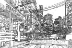  absurdly_detailed_composition absurdres building car commentary_request complex_exterior crosswalk greyscale highres lamppost lineart monochrome motor_vehicle original outdoors pen_(medium) people power_lines road scenery sign street traditional_media translation_request urban yamaguti 
