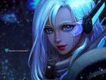  1girl artist_name ashe_(league_of_legends) blue blue_eyes closed_mouth commentary commission david_pan eyelashes headset league_of_legends light_blue_hair lips long_hair nose portrait red_lips 