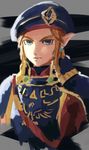  armor beret blonde_hair blue_eyes blue_hat cape closed_mouth commentary earrings hat highres jewelry light_frown link looking_at_viewer male_focus na_(oagenosuke) pointy_ears sketch solo the_legend_of_zelda upper_body 