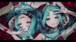  2girls absurdres aqua_eyes aqua_hair blurry bow depth_of_field dotted_line dual_persona flower flower_bed hair_bow highres hikimayu looking_at_viewer lying monogatari_(series) multiple_girls on_back ononoki_yotsugi petals red_flower red_petals red_rose rose rose_petals rotational_symmetry smile twintails uda_yuda_ru upper_body v 