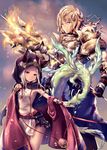  1girl armor bird black_skirt blonde_hair breastplate cloak closed_mouth ears_through_headwear erune eyebrows_visible_through_hair fire flat_chest granblue_fantasy hair_between_eyes highres holding holding_weapon long_hair looking_at_viewer misaki_miso naoise outstretched_arm pauldrons purple_eyes red_eyes scathacha_(granblue_fantasy) silver_hair skirt smile standing v-shaped_eyebrows weapon 